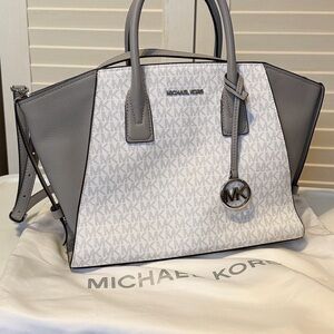 Michael Kors White and Gray MK Signature Satchel with Charm